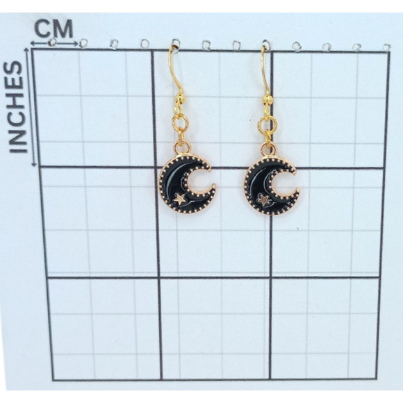 Black Crescent Moon Star Earrings ✨ Celestial Gold Dangle Jewelry - Picture 3 of 4